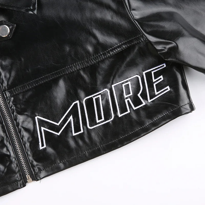 FAGADOER Y2k Punk Gothic Leather Jacket Women Cropped Lapel Letter Embroidery Moto Jackets Coat Short Female Streetwear 2025 New
