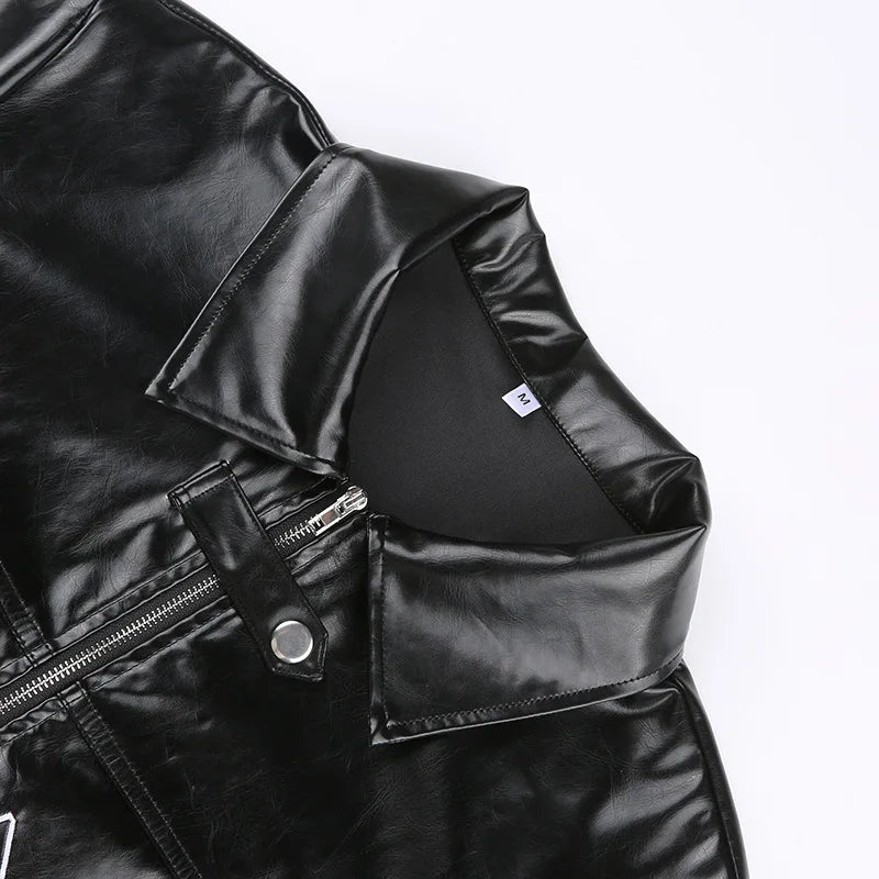 FAGADOER Y2k Punk Gothic Leather Jacket Women Cropped Lapel Letter Embroidery Moto Jackets Coat Short Female Streetwear 2025 New