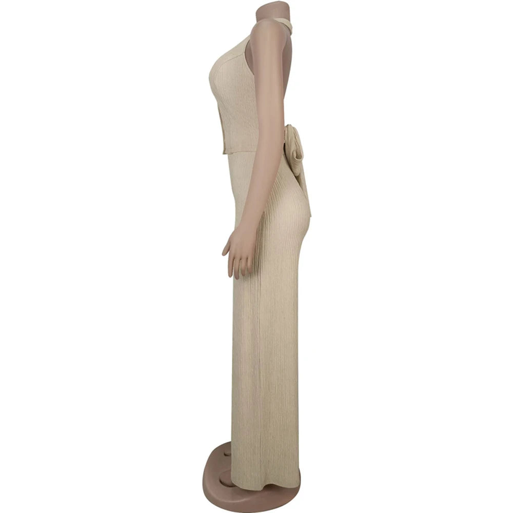 Fashion Ribbed Women's Set Backless Halter Neck Crop Top and Wide Leg Pants Suit 2025 Summer Street Wear Casual 2 Two Piece Sets