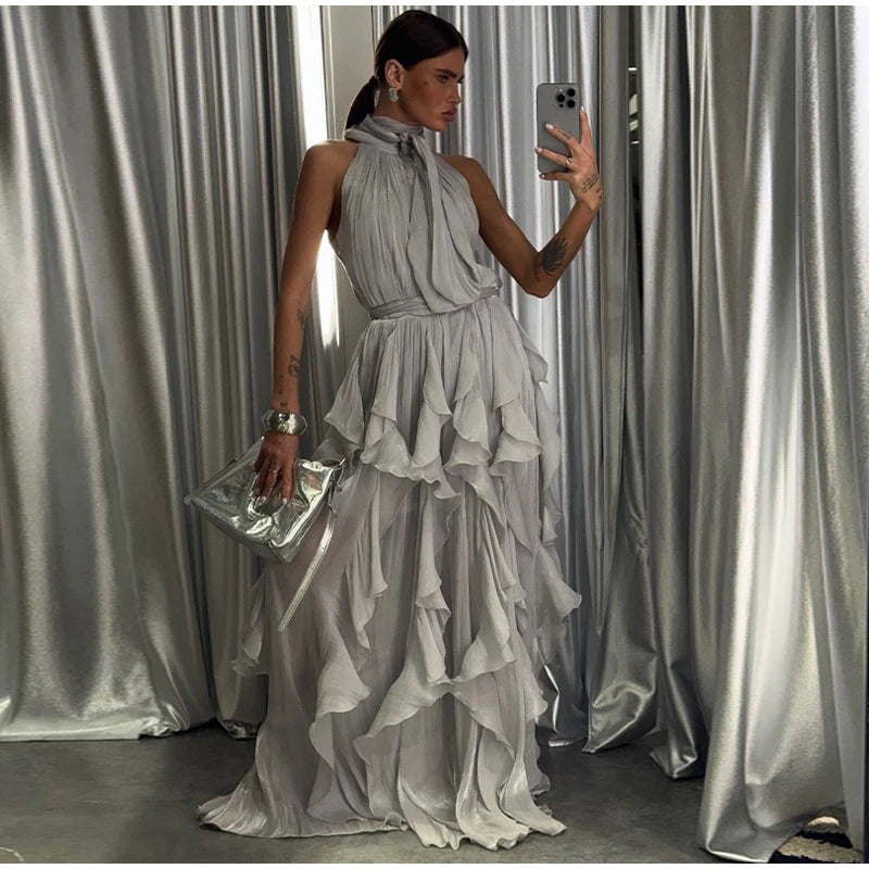 Fashion Halter Ruffle Long Dress Women Chiffon Sleeveless Ruffled Tiered Waist Cinching Party Dresses Lady Holiday Y2K Chic Robe