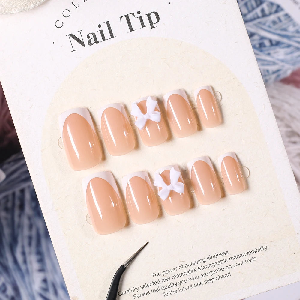 24Pcs White French Press On Nails 3D Bow Design Full Cover Wearable False Nails Short Square Head Ballet Fake Nails For Women