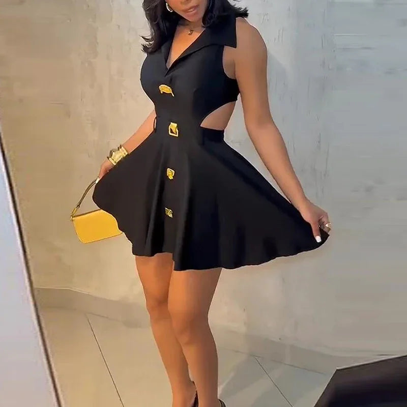 Elegant Stylish Sleeveless A-Line Mini Dress Women Sexy Hollow Out Club Party Dresses For Women Summer Short Dress White Black