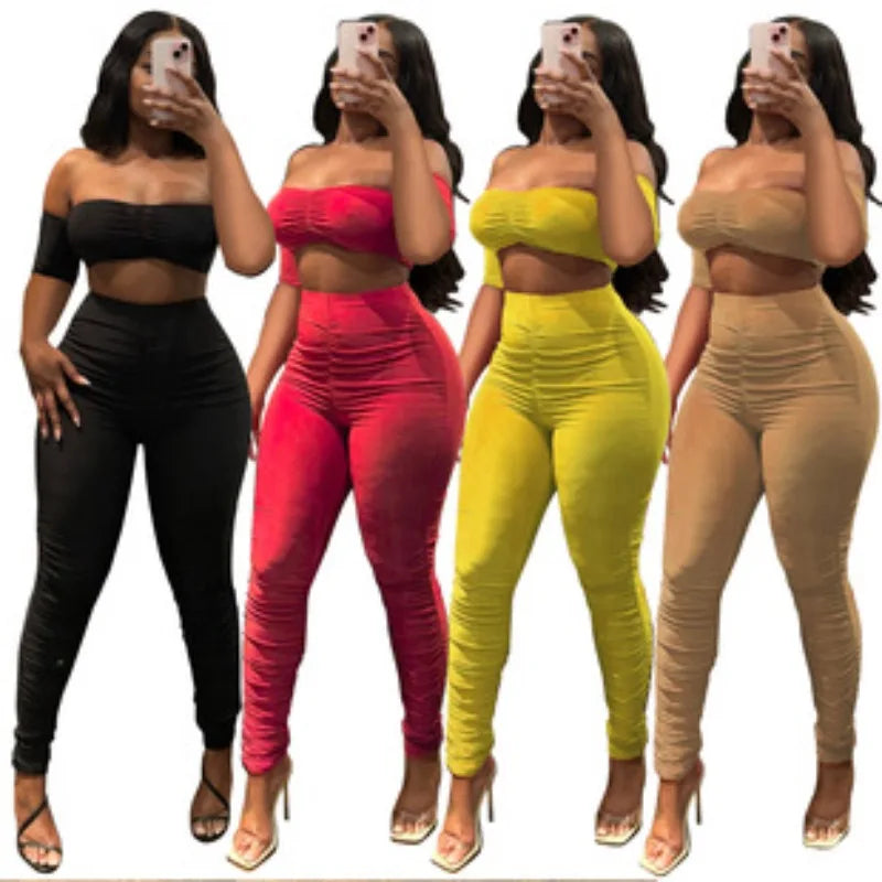 Fitness Women's Set Ruched Stacked Off Shoulder Crop Top and Legging Pants 2025 Summer Two 2 Piece Sets Outfit Tracksuit