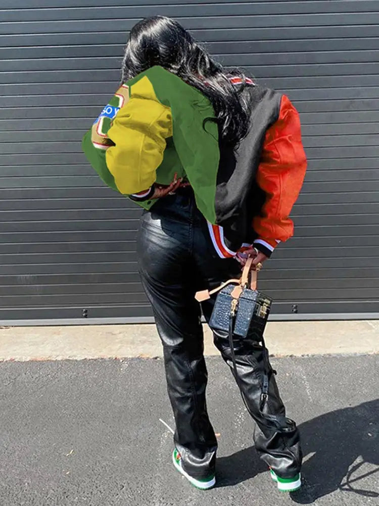 Women Patchwork Contrast Color Letter Embroidery Jackets 2025 Fashion Single Breasted Coat Female Full Sleeve Streetwear XS-4XL