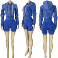 HLJ&GG High Quality Washed Casual Zip Hooded Two Piece Sets Women Long Sleeve Top+Biker Shorts Outfits Fashion Sporty Streetwear