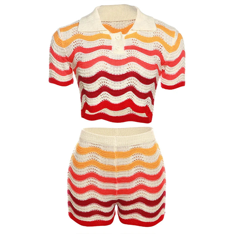 Women Wave Print 2 Piece Set Colorful Knit Stretch Thin Button Crop Tops+Shorts Matching Tracksuit Streetwear Outfits