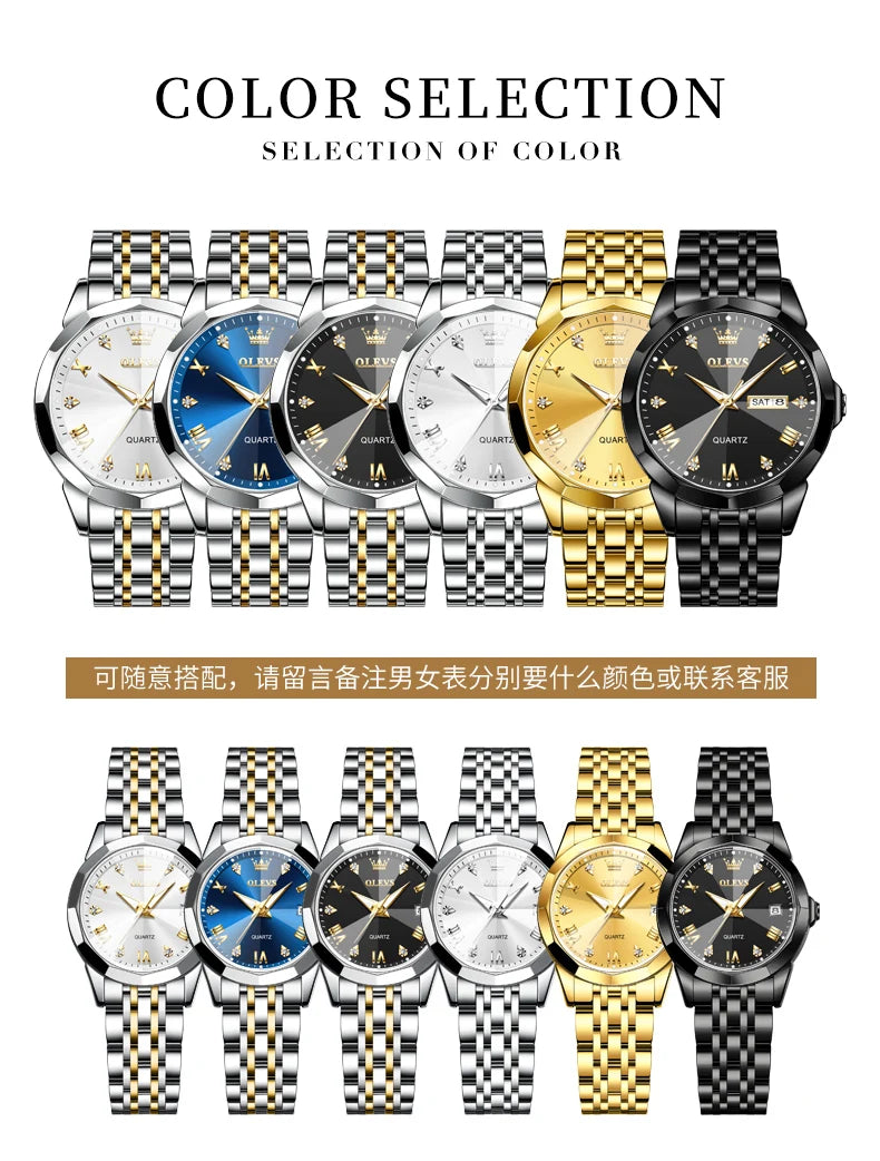 OLEVS 9931 Watch For Men Women Roman Scale Quartz Couple Watch Rhombus Mirror Auto Date Wristwatch Luxury Waterproof Hand Clock