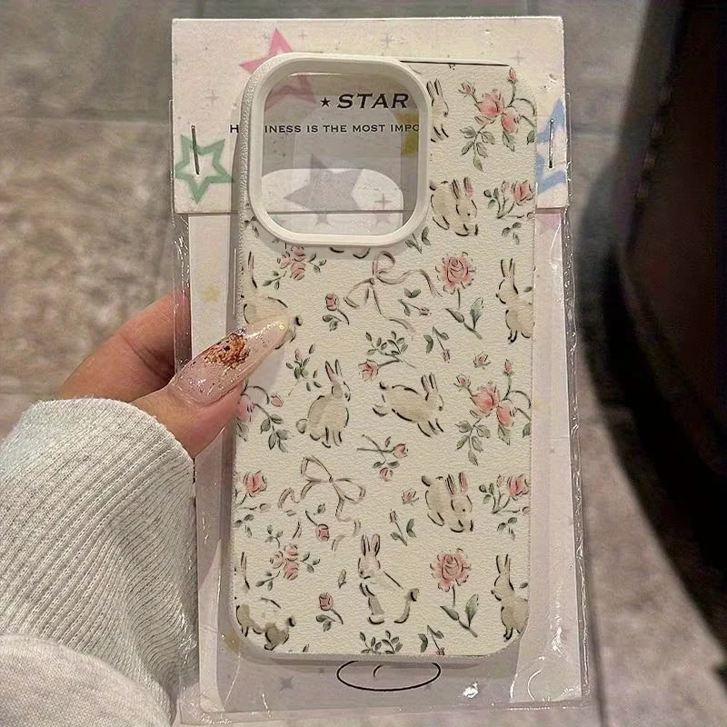 Phone Case For iPhone 17 Pro Max 16 Plus 15 Pro 14 13 12 11 XR 17Air Cute Butterfly Bunny Pink Floral  Lychee Textur Soft Cover
