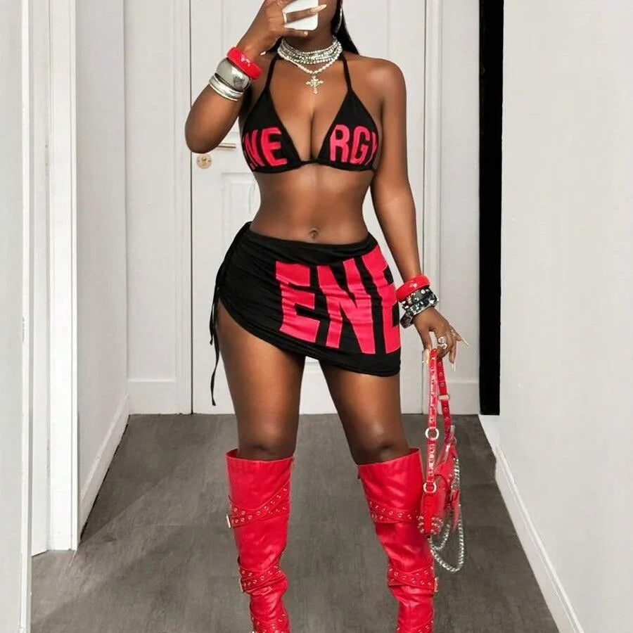 Y2K Sexy letter print Vintage Hot girl mini skirt fashion Retro style Harajuku subculture emo High street Bodycon Bikini sets