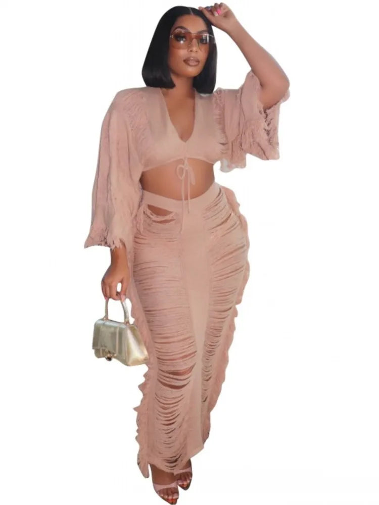 Swimwear Skirt Cover-up 2 Piece Set Women Crop Tops And Long Skirt Bathing Suit Fashion Solid Hollow Sexy Beach Cover Up Outfits
