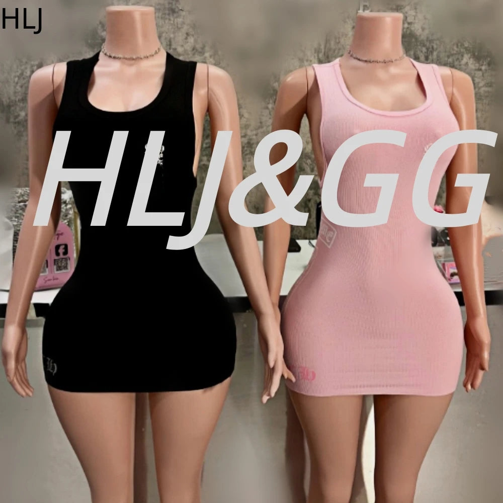 HLJ Summer New Letter Print Ribber Bodycon Mini Dresses Women Round Neck Sleeveless Slim Vestidos Fashion Y2K Streetwear BR 2026