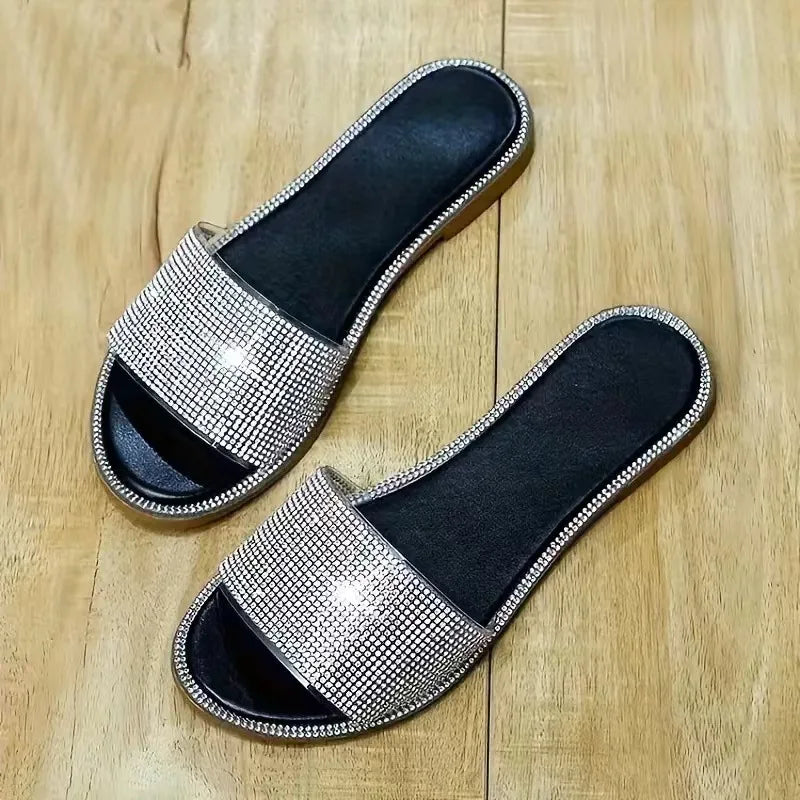 2024 New Shiny Rhinestone Fashion Ladies Slippers Outdoor Women Roman Shoes Flat Sandals Female Casual Beach Crystal Slides