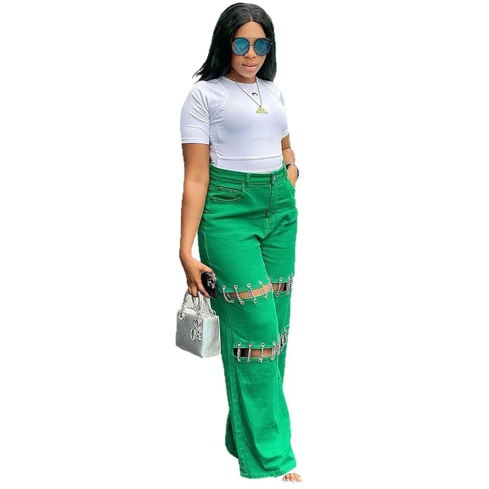 High Waist Green Ripped Chain Decoration Patchwork Wide Leg Denim Pants Women Fashion Casual Personality Trendy Long Trousers