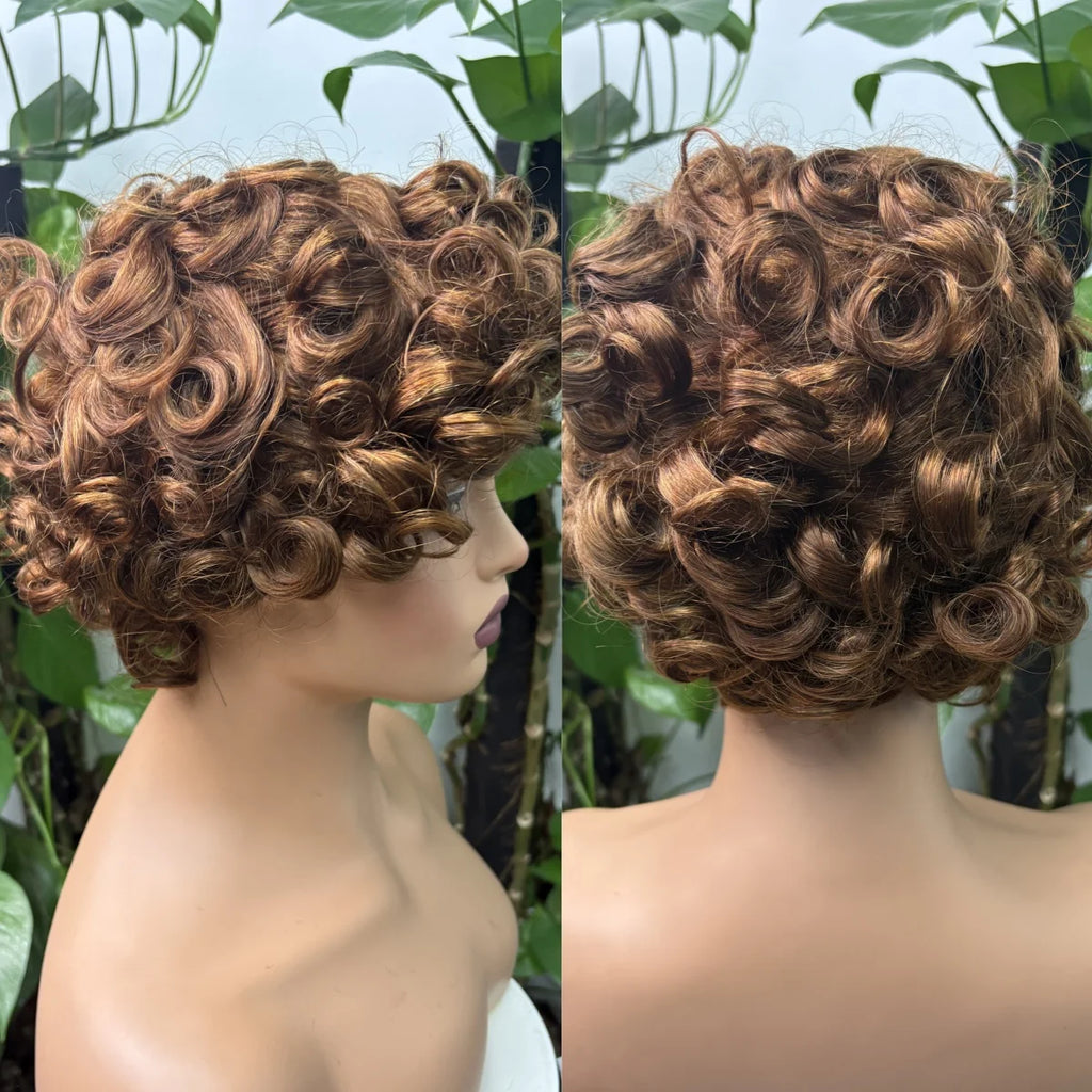 Full Machine Made Loose Wavy Bob Wig Human Hair Wigs 220% Short Colored Bouncy Curly Gluelesss Human Hair Wigs with Bangs