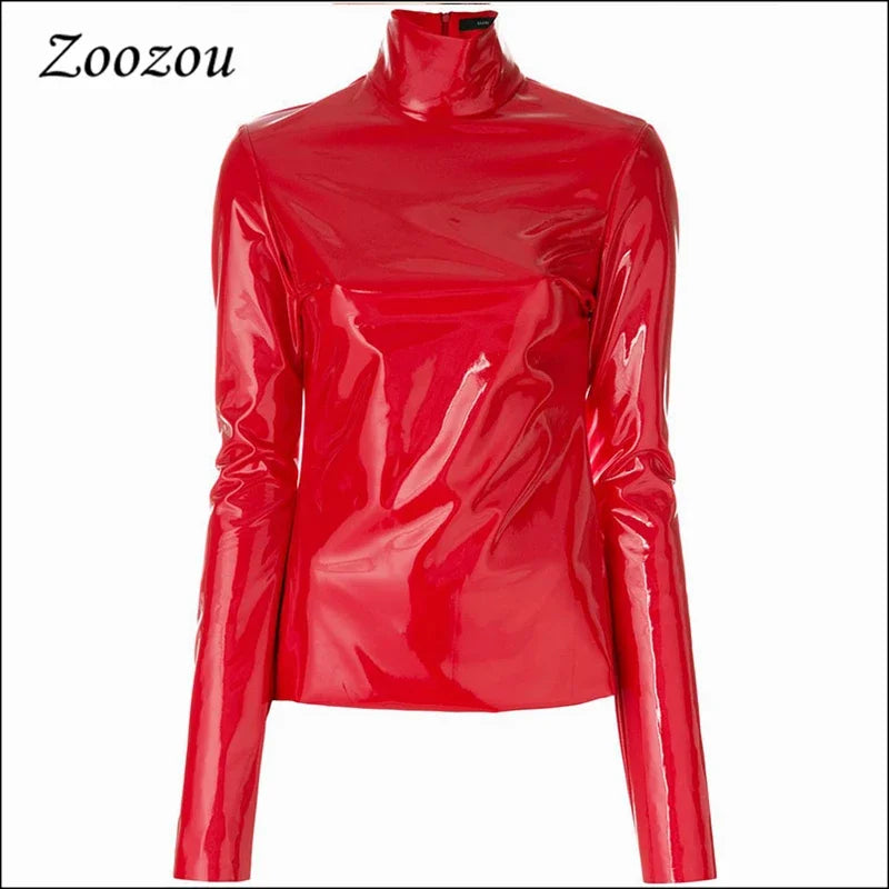 Women Shiny Faxu Leather Plus Size Turtleneck Tops Ladies Glossy Zipper PVC Pullover Black Red PU Leather 4XL 5XL 6XL Clothes