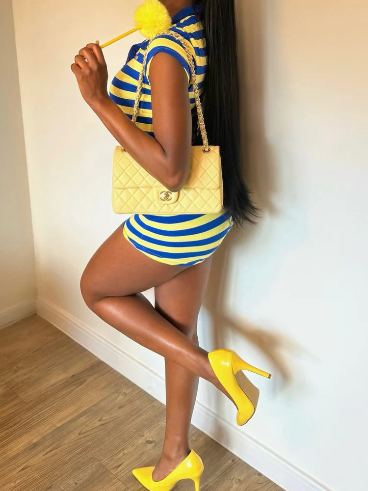 Kricesseen Casual Striped Two Piece Set Women Short Sleeve Button Polo Collar Crop Top And Shorts Matching Set Summer Tracksuit