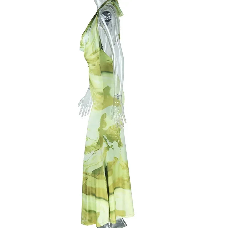 Women Sleeveless Ruched Halter V-neck High Waist Long Maxi Dress Print Birthday Night Club Party Vestidos Sexy Dresses