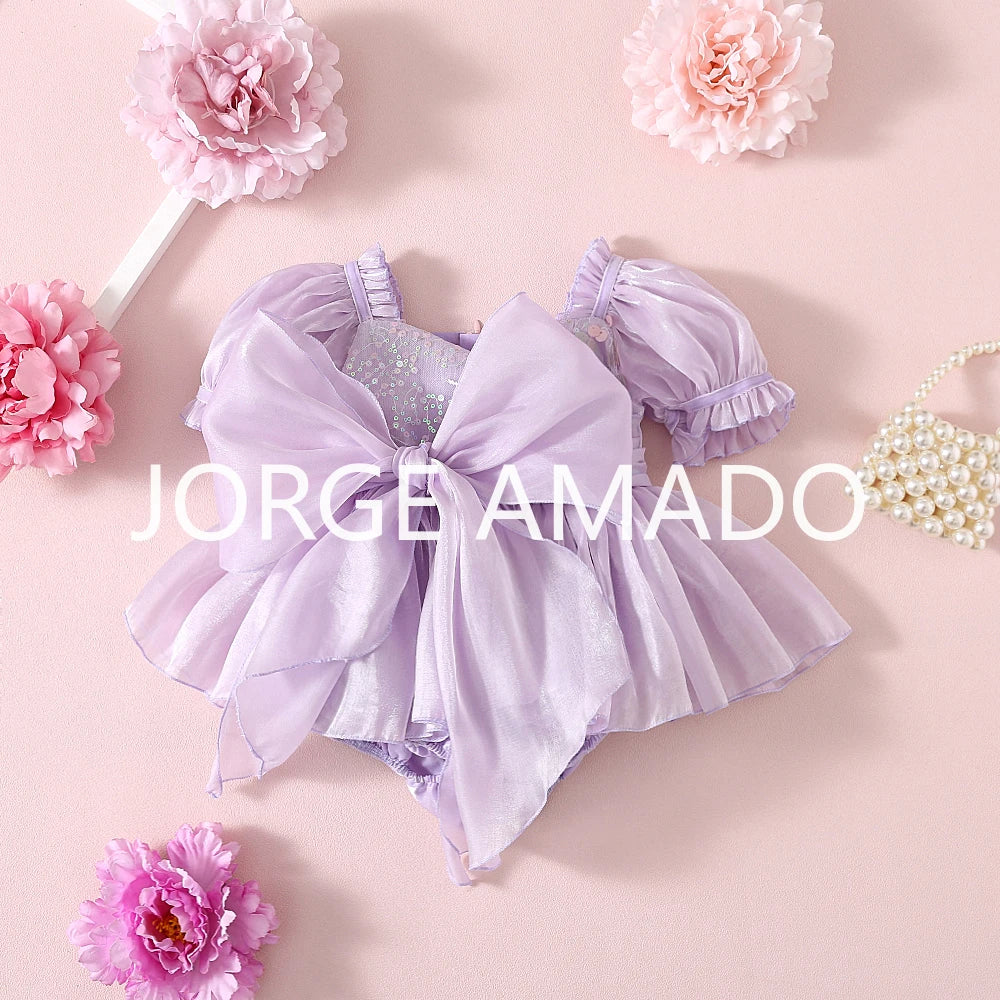 New Summer Bodysuit for Baby Girl Square Collar Sequined Large Bow Sleeveless Princess Jumpsuit Newborn Sweet Romper H1518