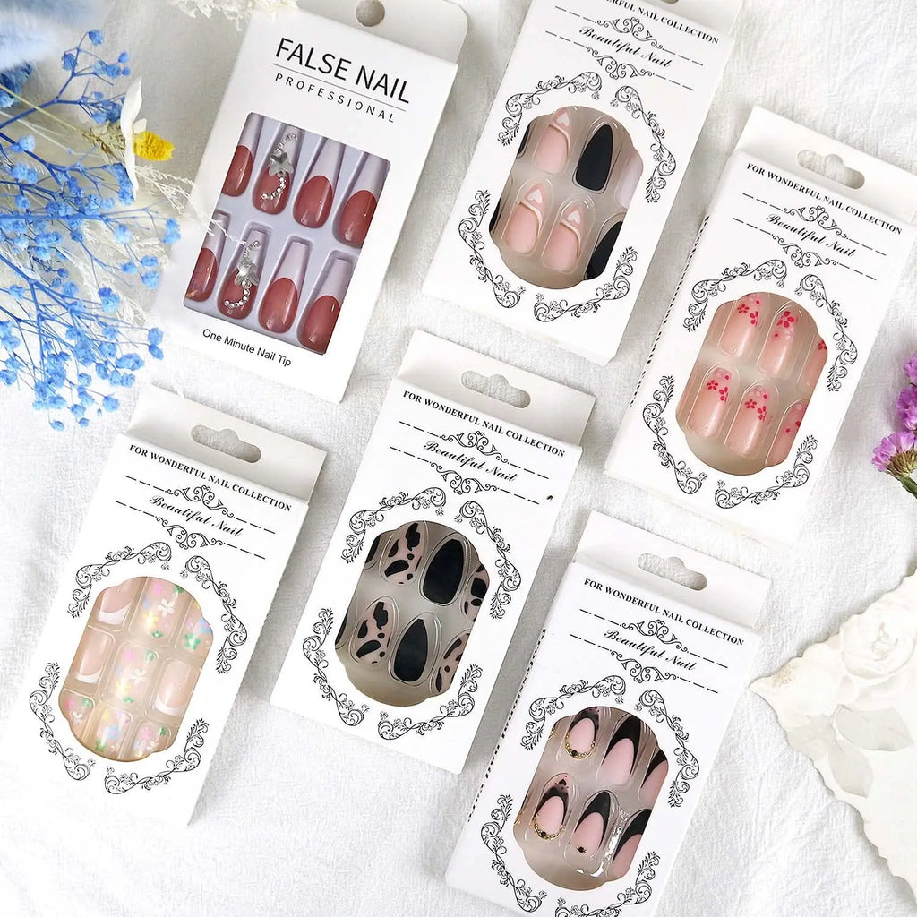 24Pcs Ballet False Nails Long French Press on Nails with Flower Design Wearable Coffin Fake Nail Pink Bow Design Manicure Tips