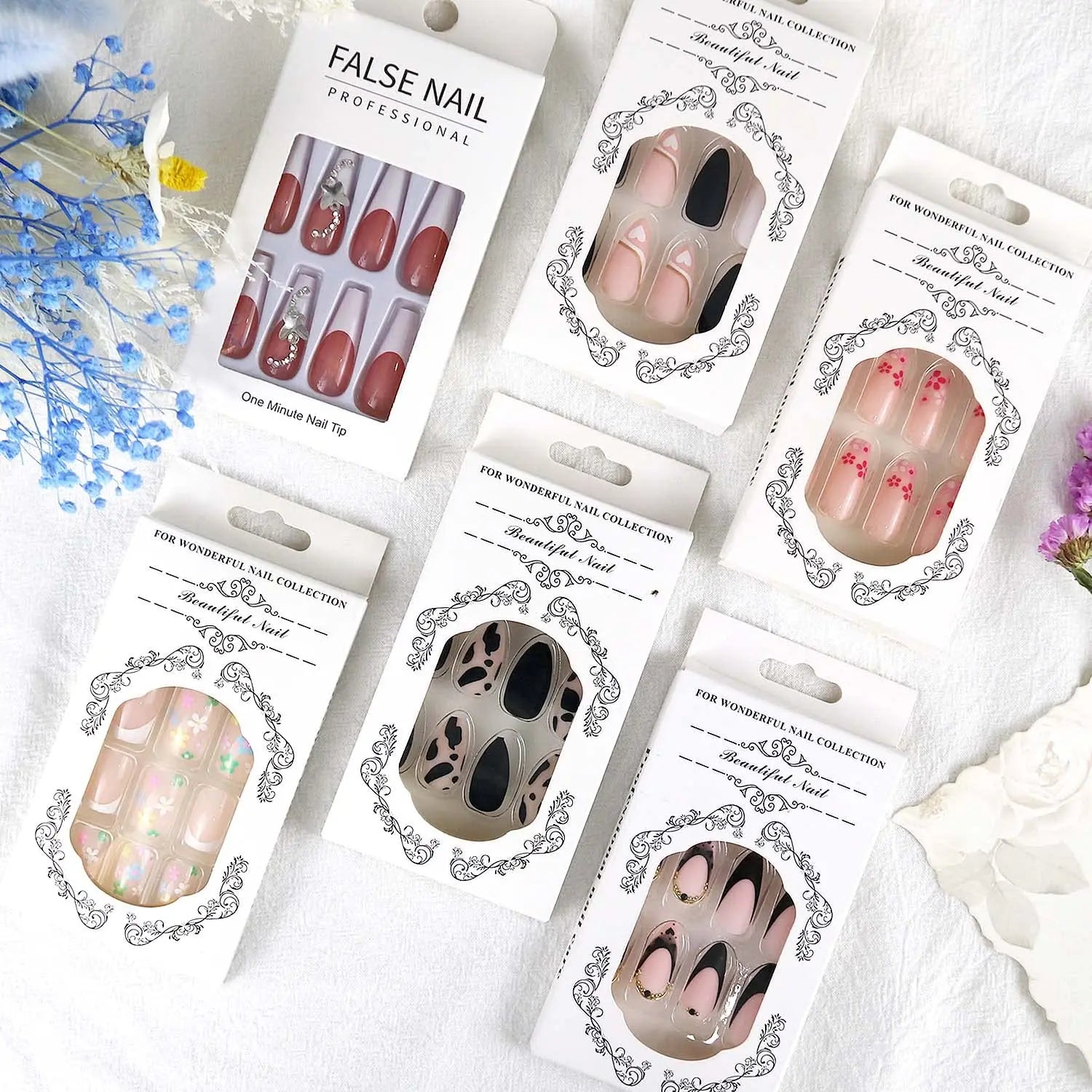 24Pcs Ballet False Nails Long French Press on Nails with Flower Design Wearable Coffin Fake Nail Pink Bow Design Manicure Tips
