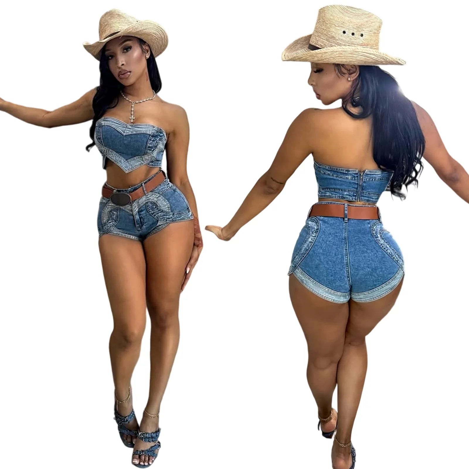 Denim Short Sets Women Strapless Tops Sexy Two Piece Set Y2k Streetwear High Street Jeans Shorts Lady Slim Fit Sleeveless Summer