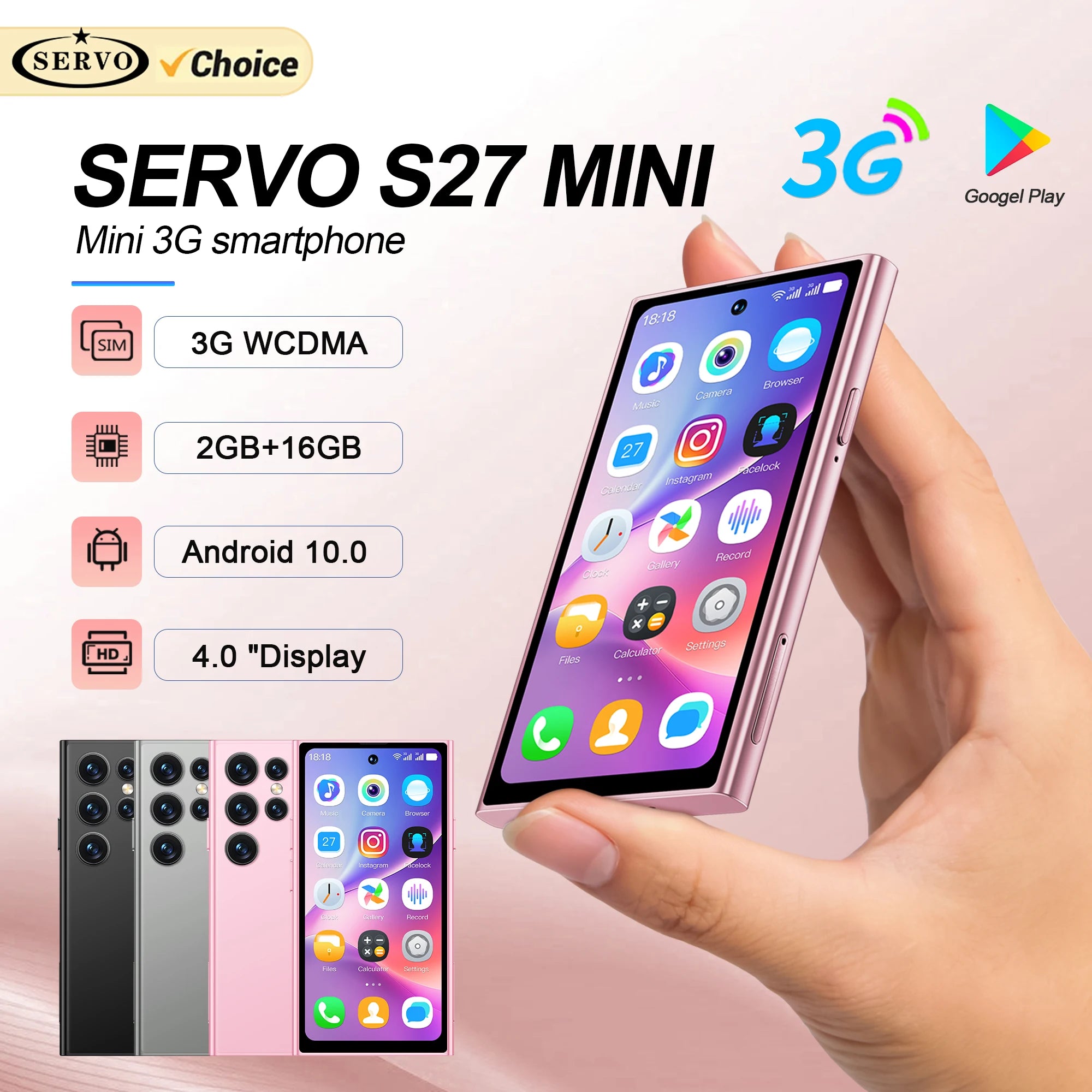 SERVO S27 Mini Smart Phone Android 10.0 WCDMA 3G Cellular Dual SIM 4.0" Display GPS 2000mAh 2+16GB Pocket Smartphones Play Store