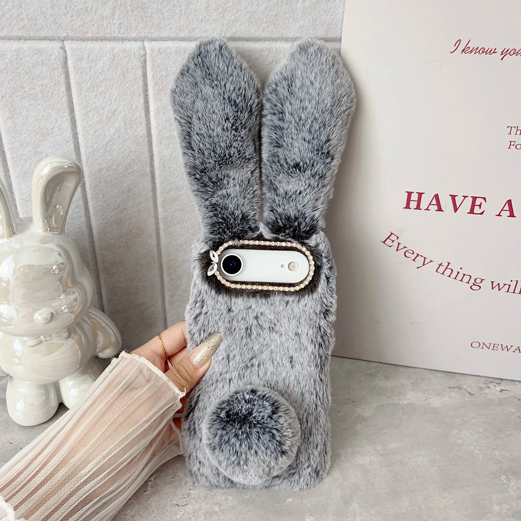 3D Cute Rabbit Ears Fur Plush Phone Case For iPhone 17 Pro Max 16 15 14 13 12 11Pro max Plus mini 17Air Furry Bunny Warm Cover
