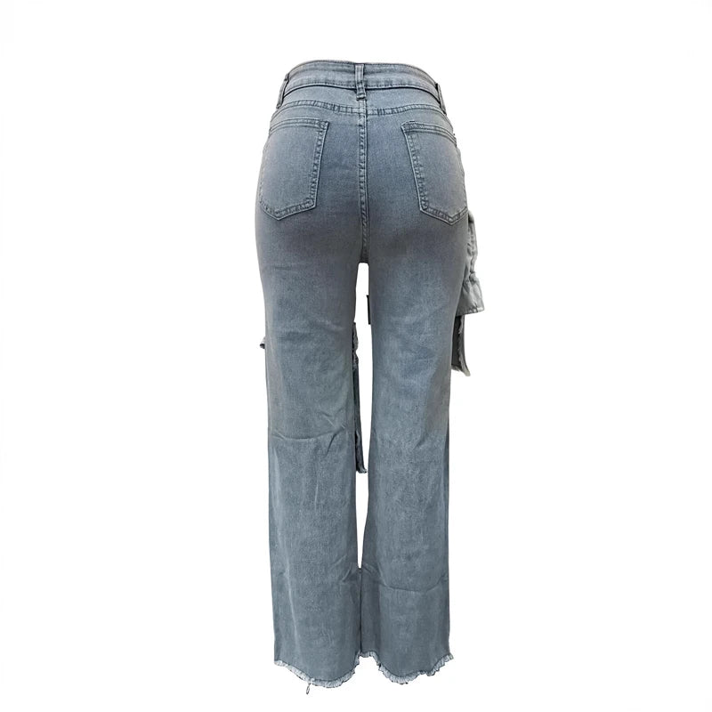 Women's Multi-Poket Patchwork Jeans 2025 New Fashion Streetwear Trend Patch Sexy Distressed Straight Leg Denim Pants Trousers