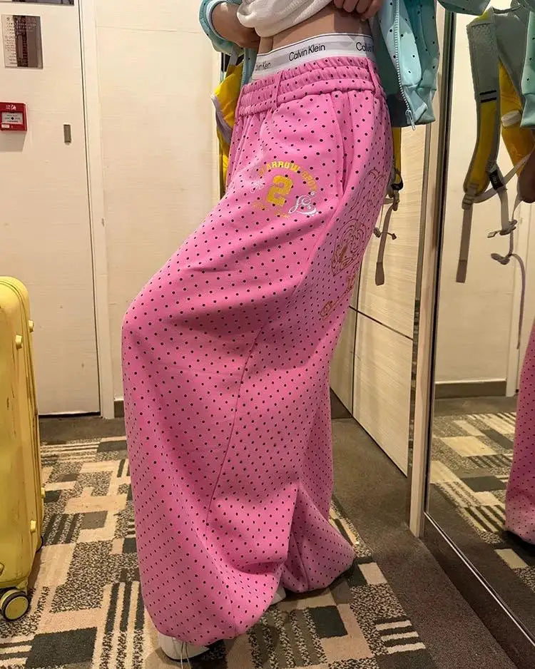 New Y2K American Jogging Elastic Waist Floor Length Pants Retro Bronzing Pink Sweatpants Polka Dotsoversized Loose Casual Pants