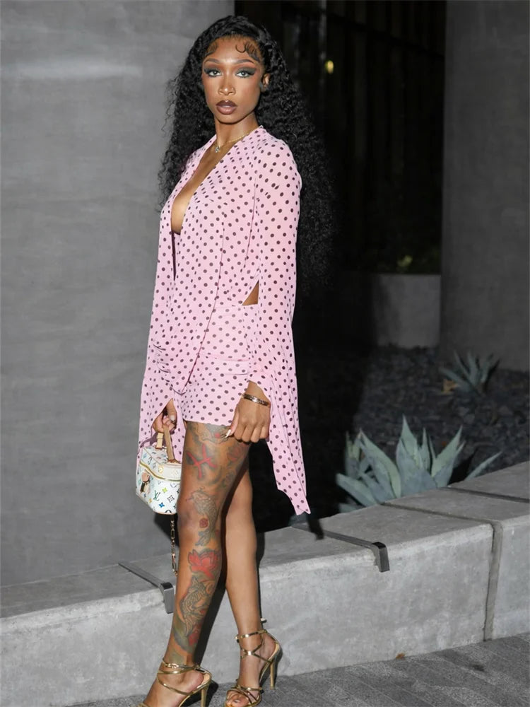 Kliou Sexy Polka Dot Print Mini Dress Woman Swing Collar Backless Batwing Sleeve Tassel Hot Girls Club Party Fashion Bodycon