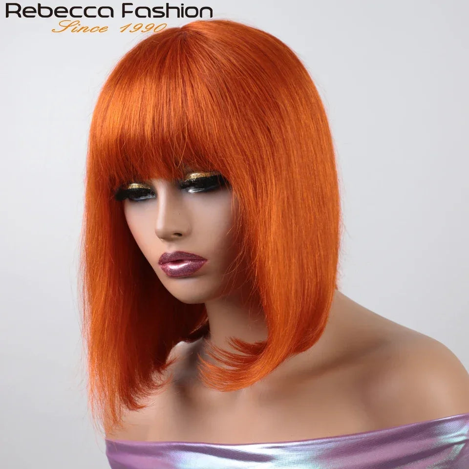 Orange Blonde Short Cut Straight Bob Wigs Rebecca With Bangs Red 99J Human Hair Brazilian Straight Machine Made Human Hair Wigs