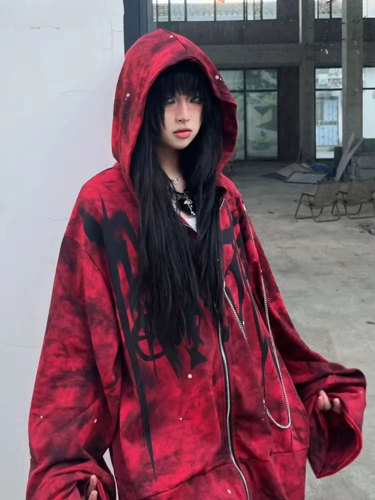 2025 Y2k Aesthetic Printing Punk Hoodies Women Grunge Loose Pocket Oversized Hooded Hoody Harajuku Streetwear Zipper Sweatshirts
