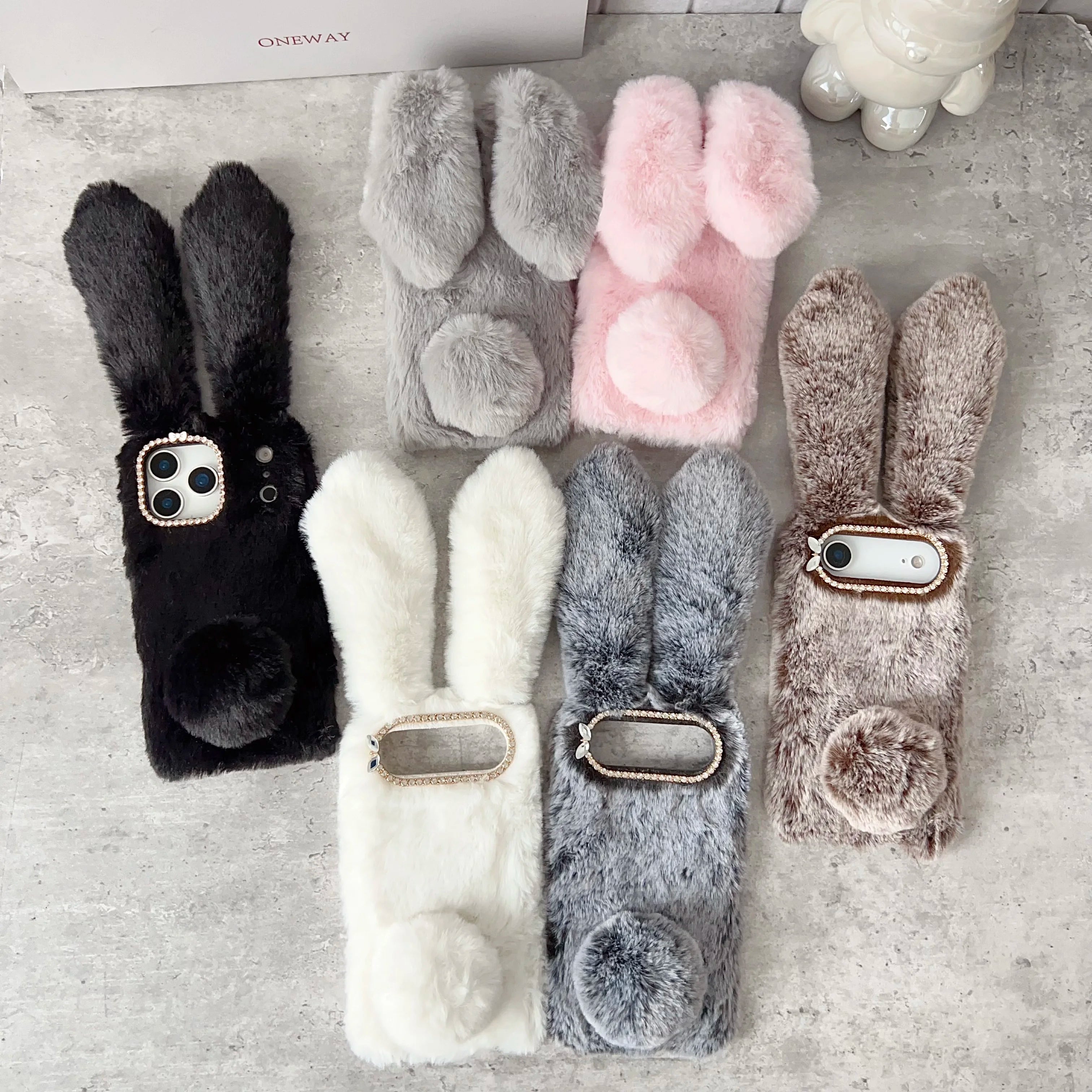 3D Cute Rabbit Ears Fur Plush Phone Case For iPhone 17 Pro Max 16 15 14 13 12 11Pro max Plus mini 17Air Furry Bunny Warm Cover