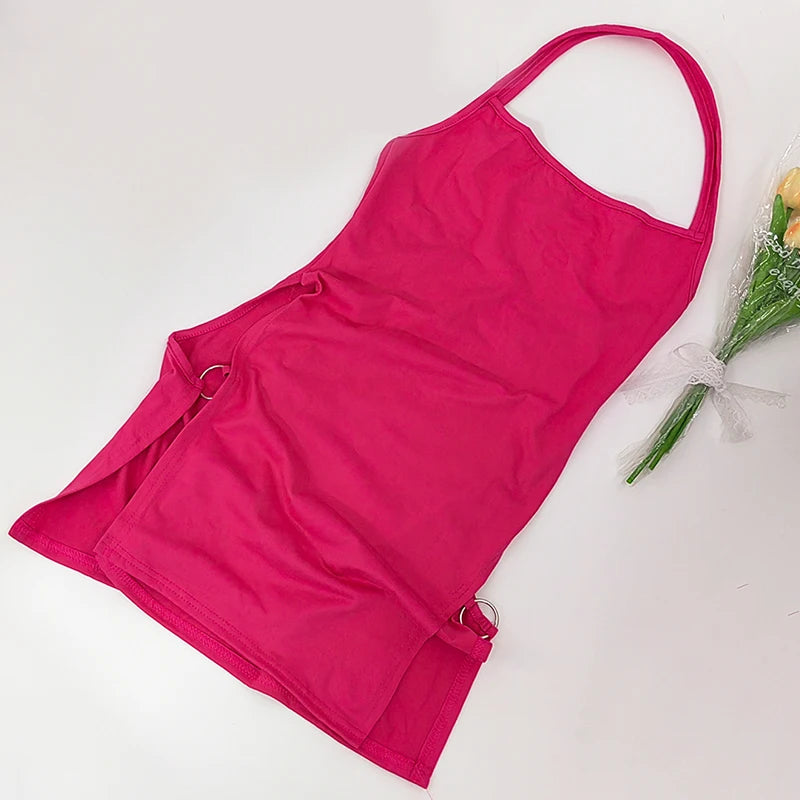 Women Sexy Dress Elegant Lady Sleeveless Ring Buckle Side High Slit Cutout Night Club Dresses Y2k Halter Mini Dress Streetwear
