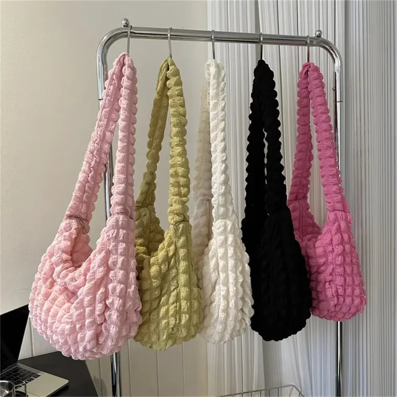 Fashion Pleated Design Shoulder Bag Cute Pleated Bubbles Solid Color Tote Bag Large Capacity Embroidered Satchel Bags Women
