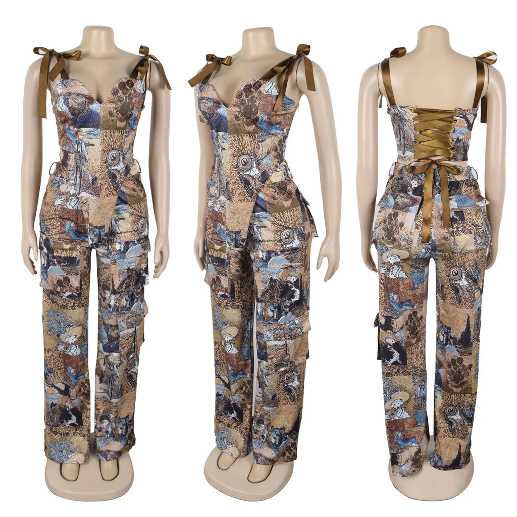 2 Piece Sets Women Print Top Straight Pants Suit Multiple Pockets Strapless Floor Length Trousers Ensemble 2025 Sexy Outfits