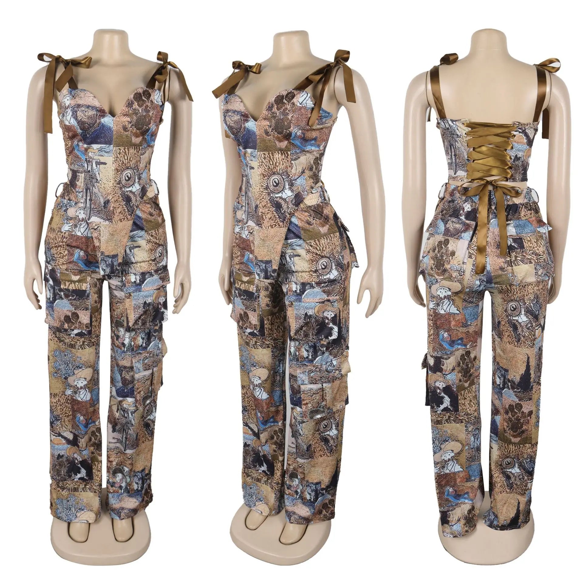 2 Piece Sets Women Print Top Straight Pants Suit Multiple Pockets Strapless Floor Length Trousers Ensemble 2025 Sexy Outfits