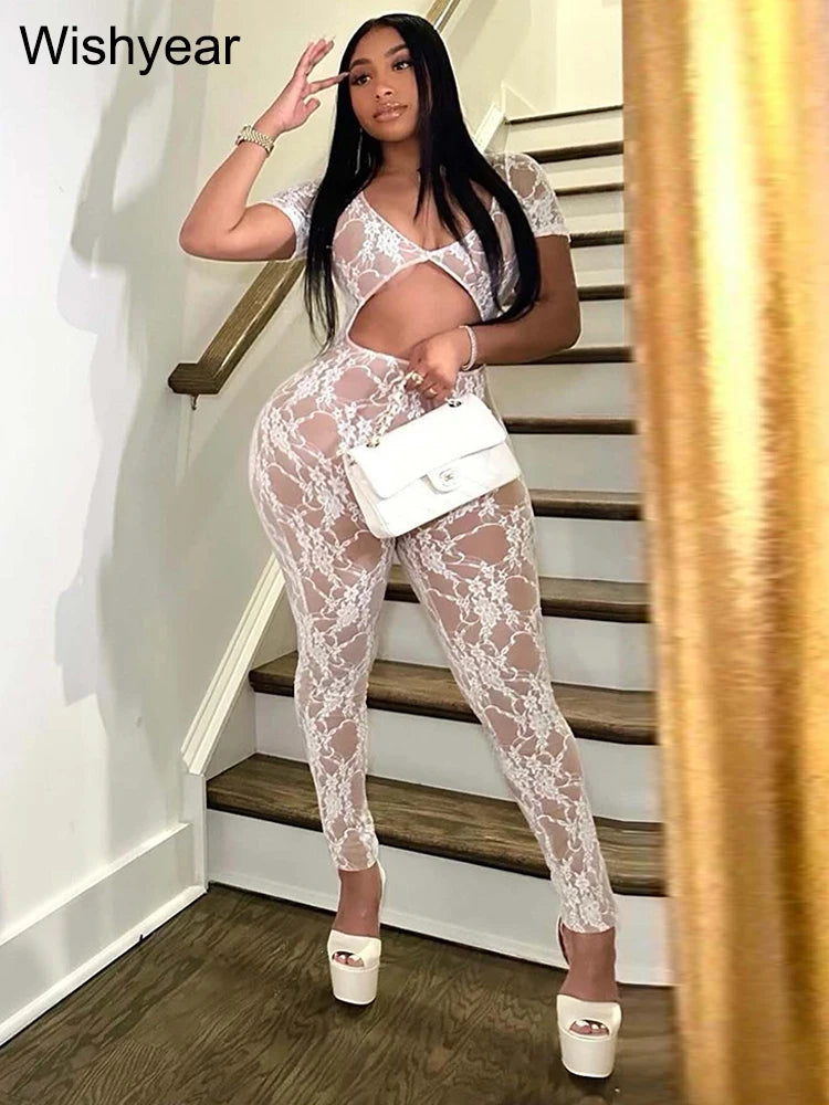 Sexy V-Neck Short Sleeve Hollow Out Night Club Party Rompers Women Hot Girl Evening Jumpsuit See Through Lace One Pieces Outfits