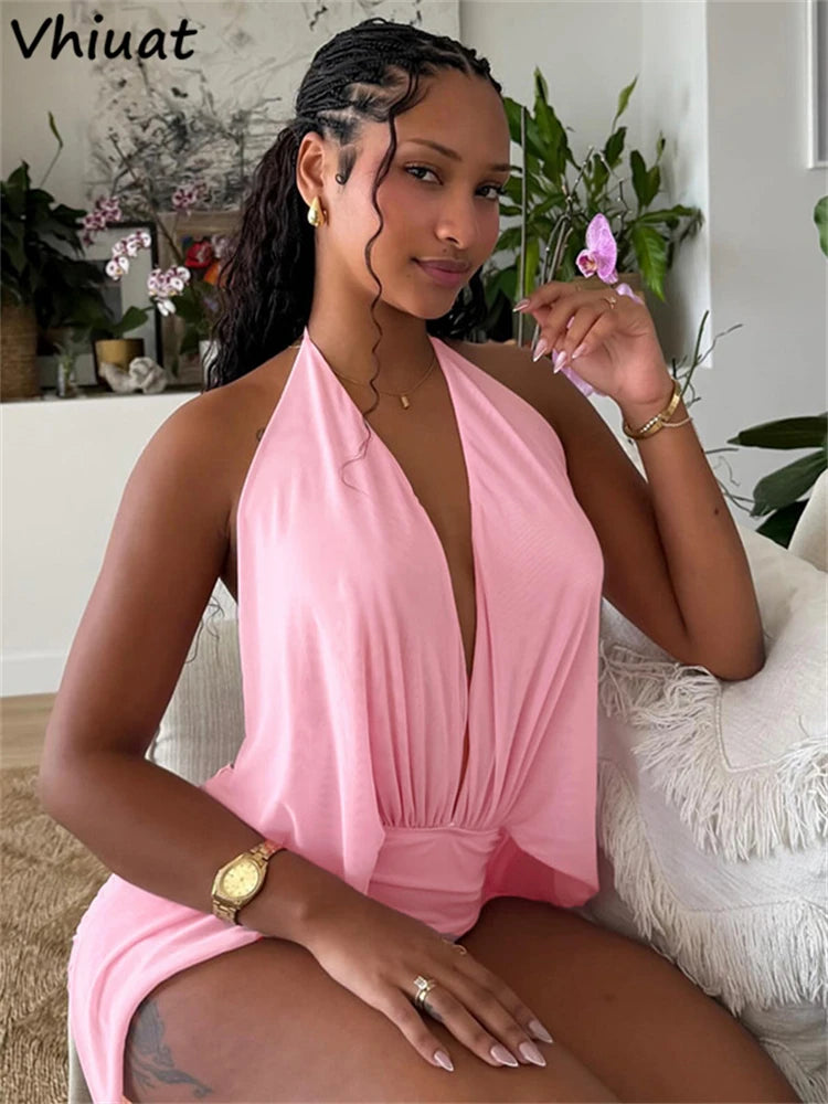 Vhiuat Women Casual Backless Bodycon Mini Dress Club Party Sleeveless Halter Pink Elegant Sexy Short Dress Vestidos Spring 2026
