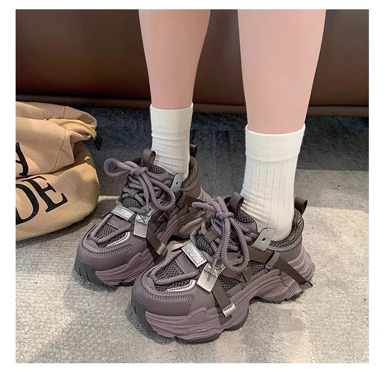 Women's Chunky Sneakers  Breathable Mesh Platform Sports Shoes Woman Fashion Lace Up Thick Sole Casual Shoes Mujer