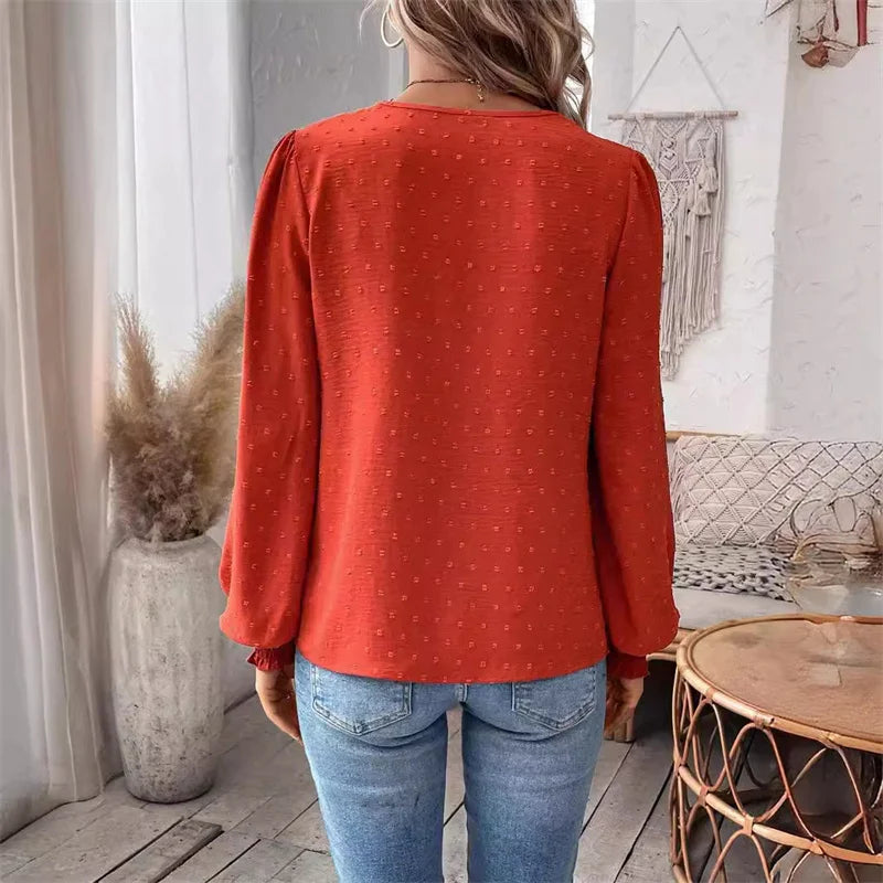 Elegant Hollow Out Lace Decoration Shirt Women Deep V Neck Pullover Blouse Female Solid Color Jacquard Lantern Long Sleeve Tops