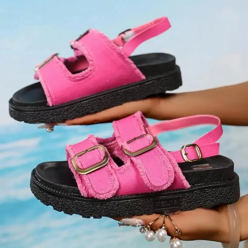 Women Sandals Classic Denim Canvas Sandals Fashion Metal Belt Buckle Design Sandals Summer Open-toe Beach Sandal Sandalias Mujer
