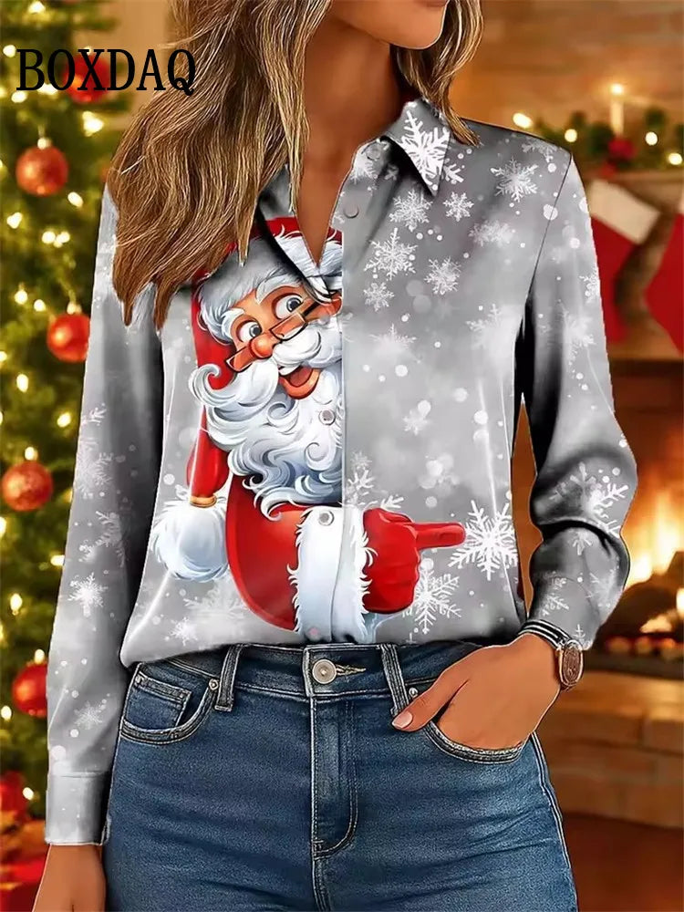 New Christmas Snowflake Women Shirts Autumn Winter Long Sleeve Cute Cartoon Santa Claus 3D Print Blouse Casual Lapel Button Tops