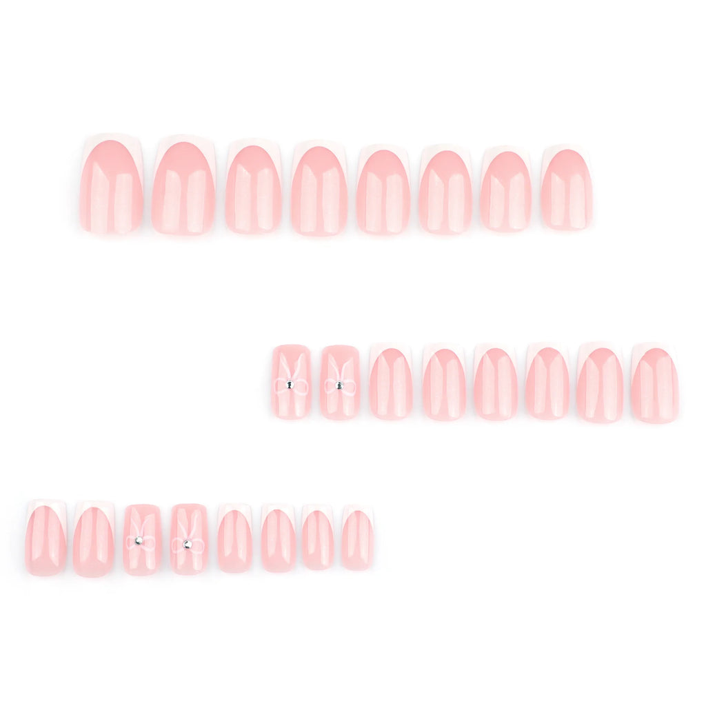 24pcs Simple French Fake Nails Pink Bow White Edge Press on Nails Women Full Cover Wearable Short Coffin False Nail Tips