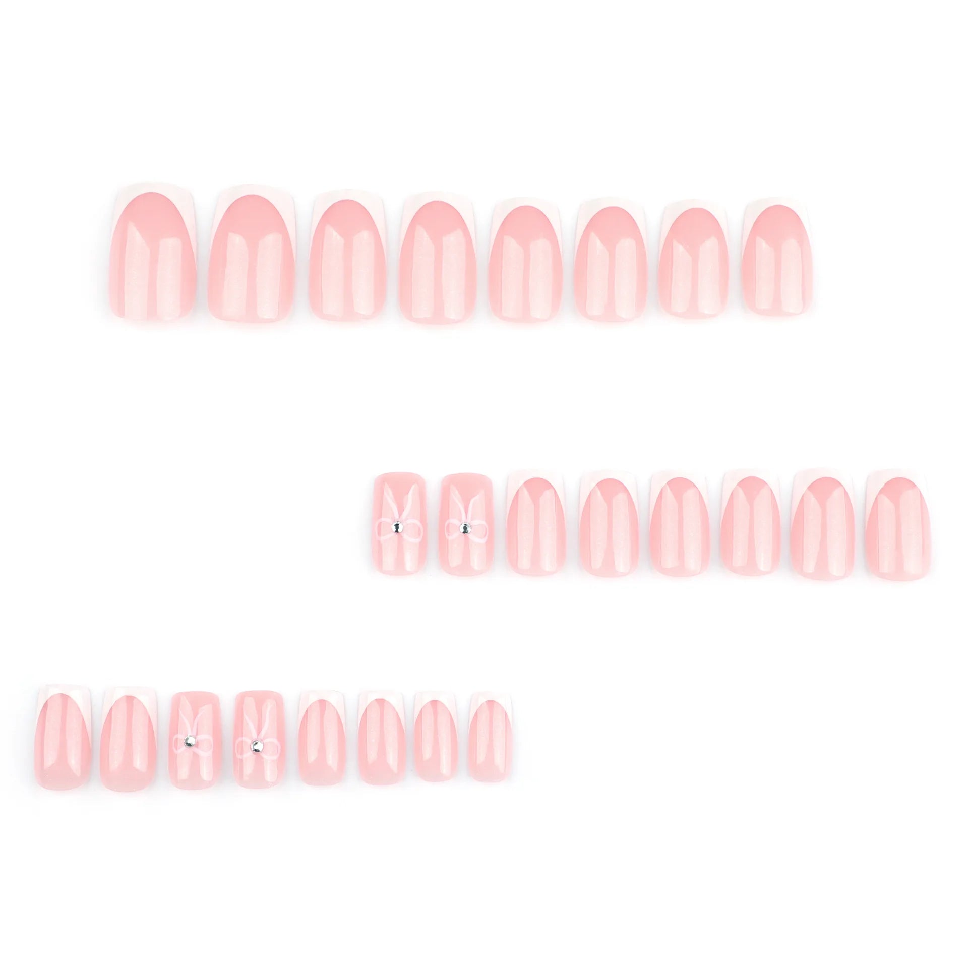 24pcs Simple French Fake Nails Pink Bow White Edge Press on Nails Women Full Cover Wearable Short Coffin False Nail Tips