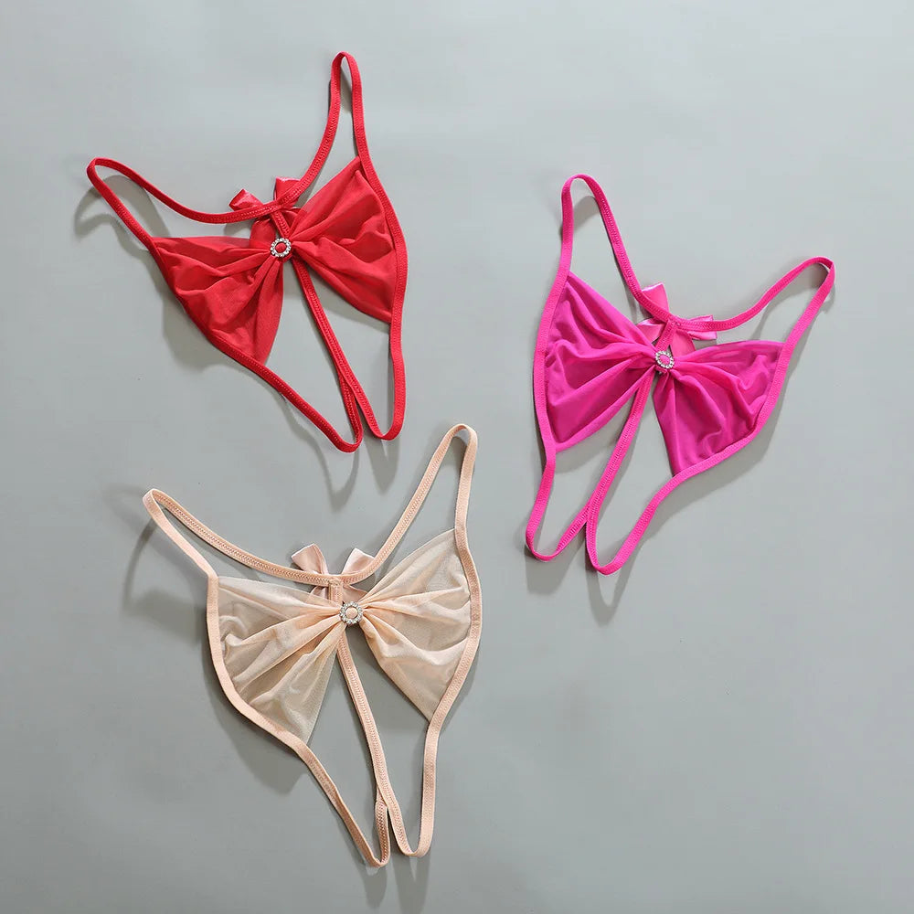Women Sexy Rhinestone Panties Low Waist Bow G-strings Women's Hollow Out Seamless Panties Female Open Crotch Thongs Underpants