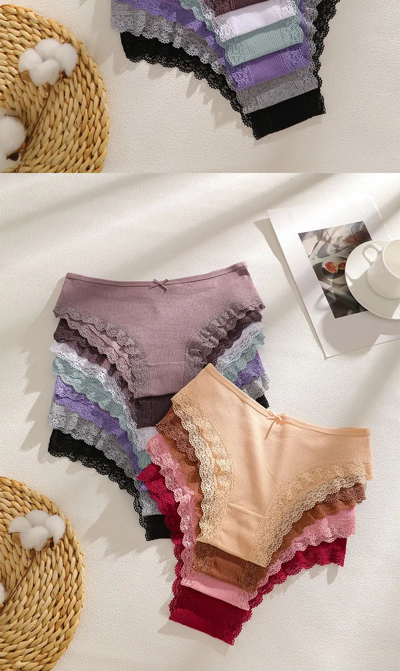 FINETOO 6Pcs/Set Women Cotton Panties Floral Lace Intimate Underwears M-XXL Trendy Patchwork Lace Briefs Female Soft Underpants