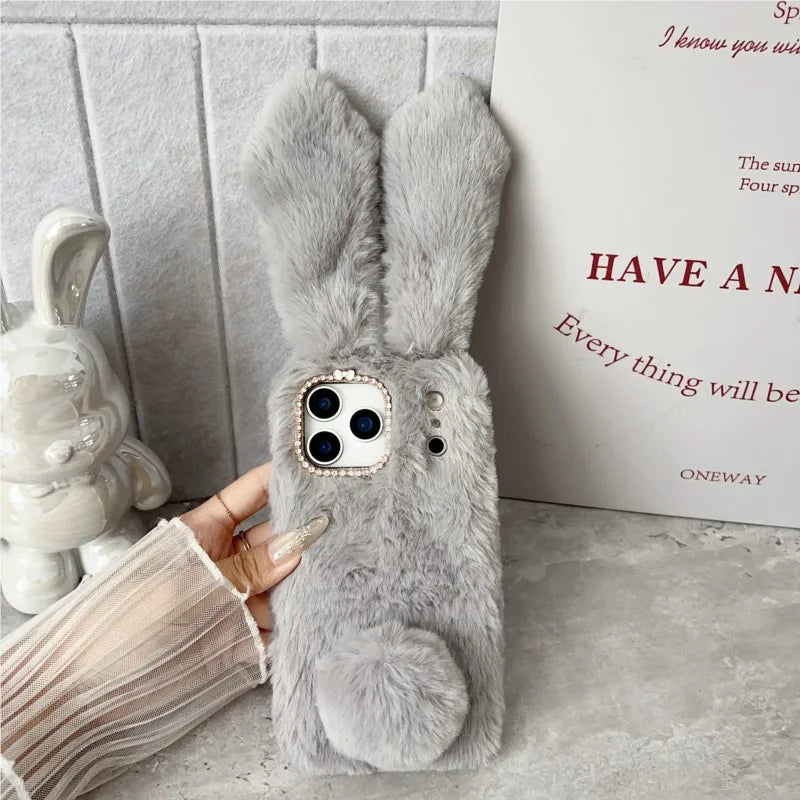 3D Cute Rabbit Ears Fur Plush Phone Case For iPhone 17 Pro Max 16 15 14 13 12 11Pro max Plus mini 17Air Furry Bunny Warm Cover