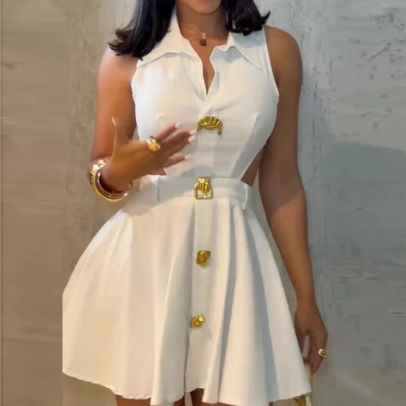 Elegant Stylish Sleeveless A-Line Mini Dress Women Sexy Hollow Out Club Party Dresses For Women Summer Short Dress White Black