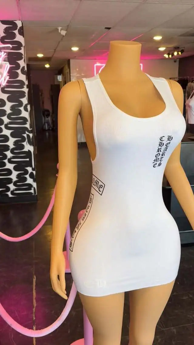 Gothic Women's Letter Print Tank Mini Dress 2026 Summer Y2K Sleeveless Bodycon Streetwear Sexy Skinny Night Club Party Outfit